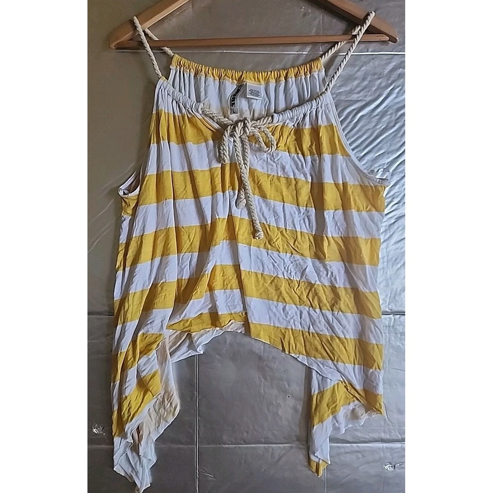 Wurl Yellow White Stripe Spaghetti Strap‎ Flowy Top Sz L